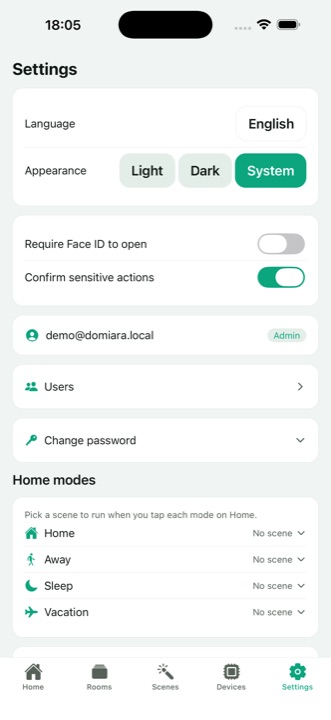 Domiara Settings screen
